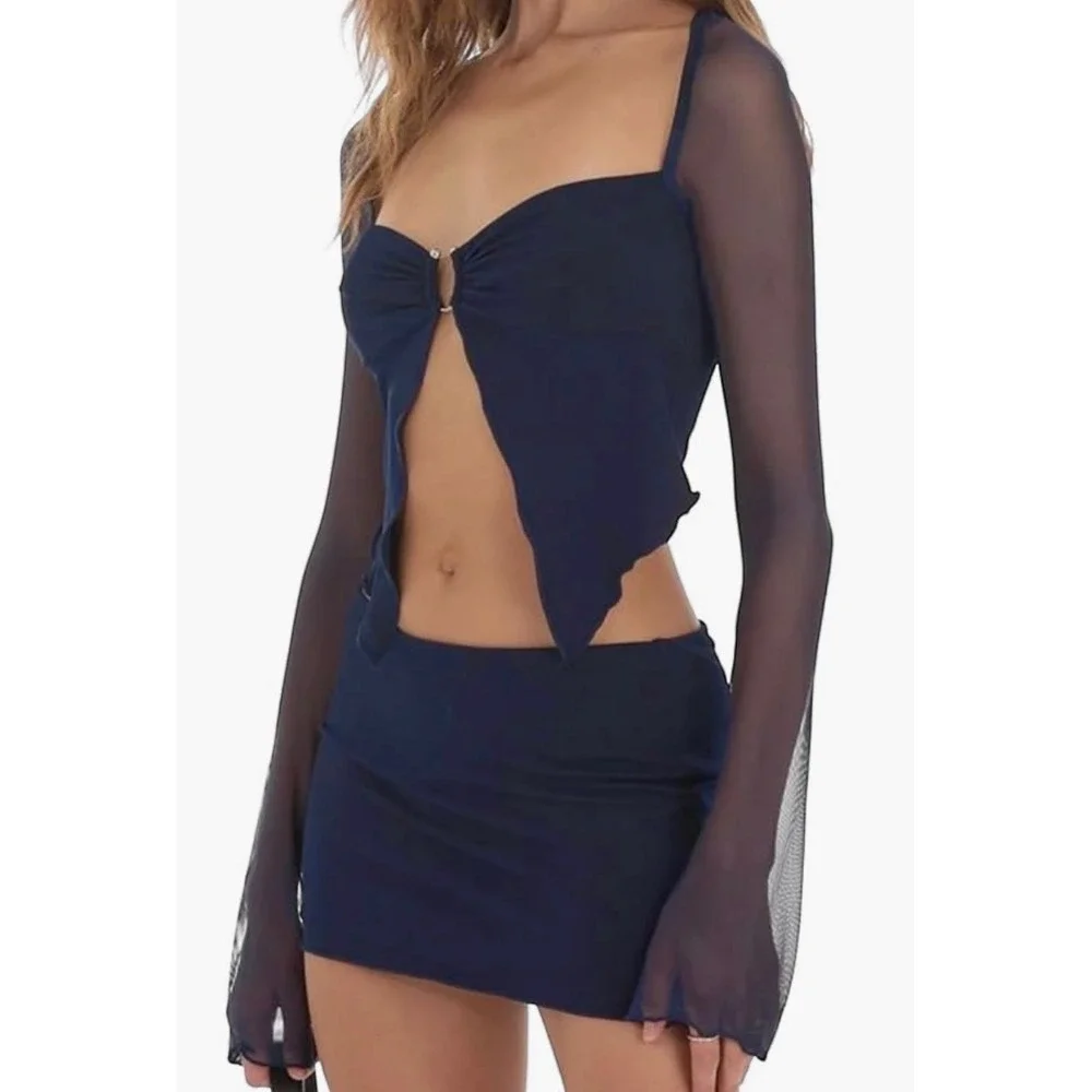 Y2K Navy Blue Mesh Sleeves Split Front O-Ring Crop Top Medium - Picture 2 of 6